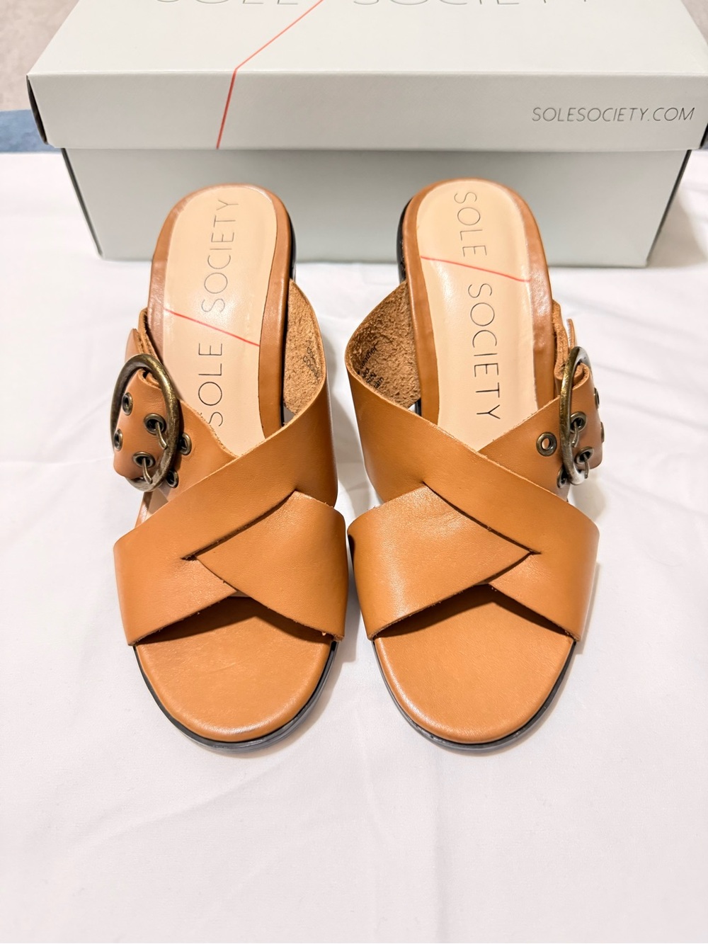 Sole Society Corrine Tan Leather Block Heel Cross Strap Slide Sandal Mule Size 6